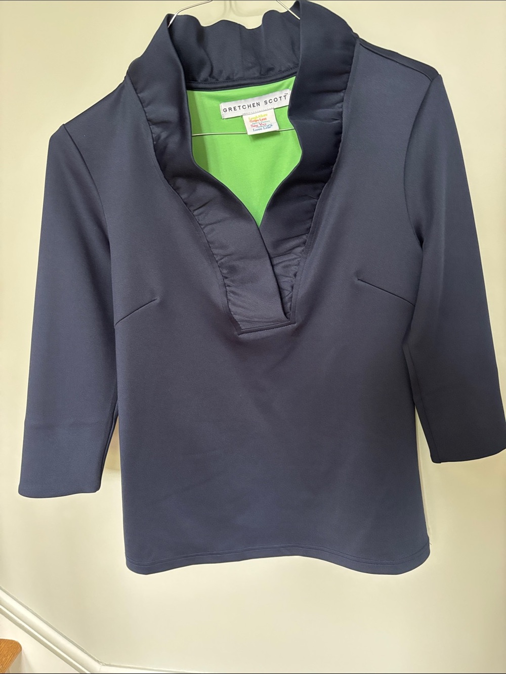 Gretchen Scott Designs Navy Ruffle V-Neck top
